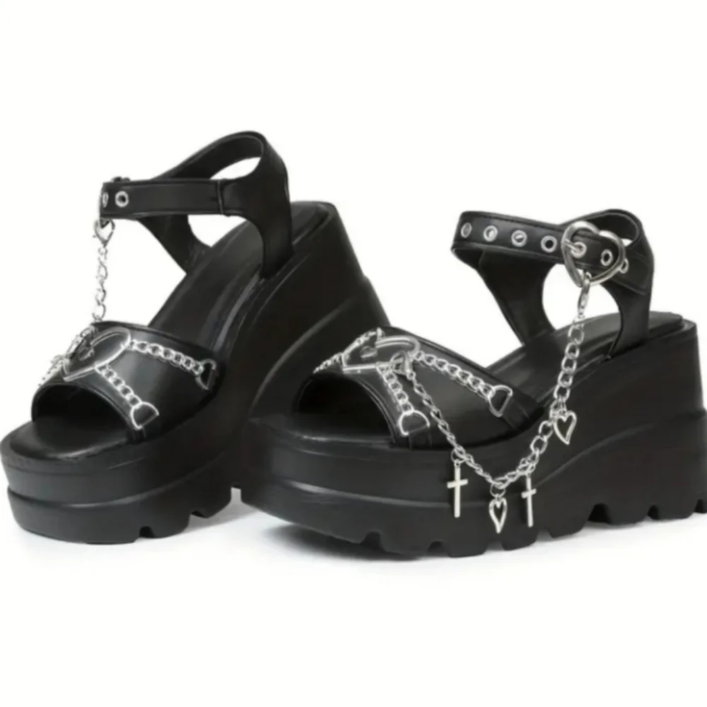 Black Platform Sandals with Silver Accents Sz 8
